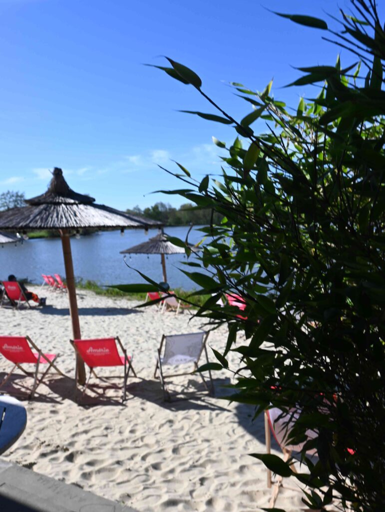 Sandabschnitt an einem See mit Liegestühlen und Sonnenschirmen.