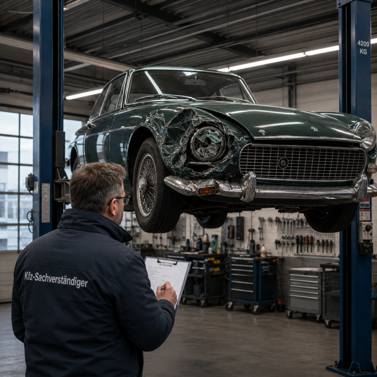 Ein Oldtimer auf einer Hebebühne in einer Kfz-Werkstatt wird von einem Sachverständigen mit Klemmbrett in der Hand begutachtet.